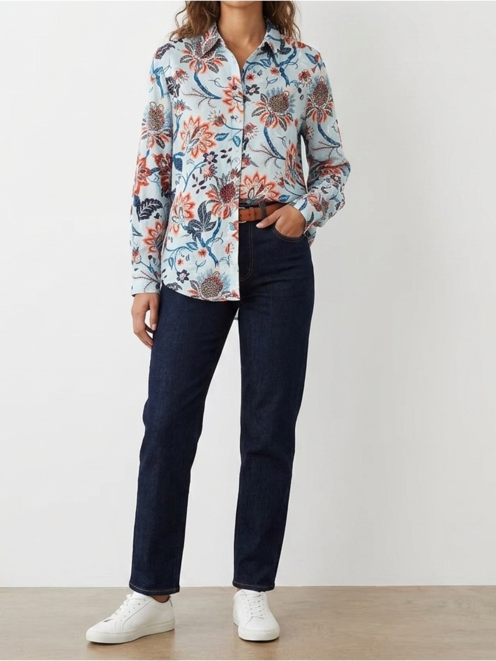 Chico's Floral Button-Down Shirt in Light Blue, Coral & Navy